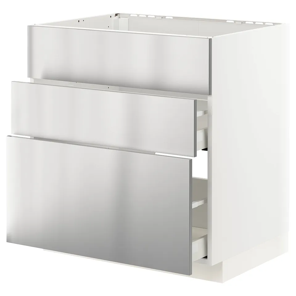 Stainless steel METOD kitchen unit with two drawers, sleek design, sturdy construction.