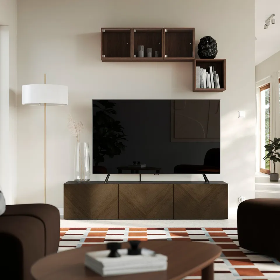 BESTÅ TV bench with doors, black-brown Hedeviken/brown stained oak veneer, 180x42x38 cm