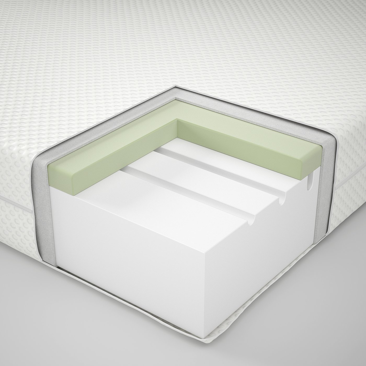 Cross-section of a mattress showing layers: foam, memory foam, polyester cover.