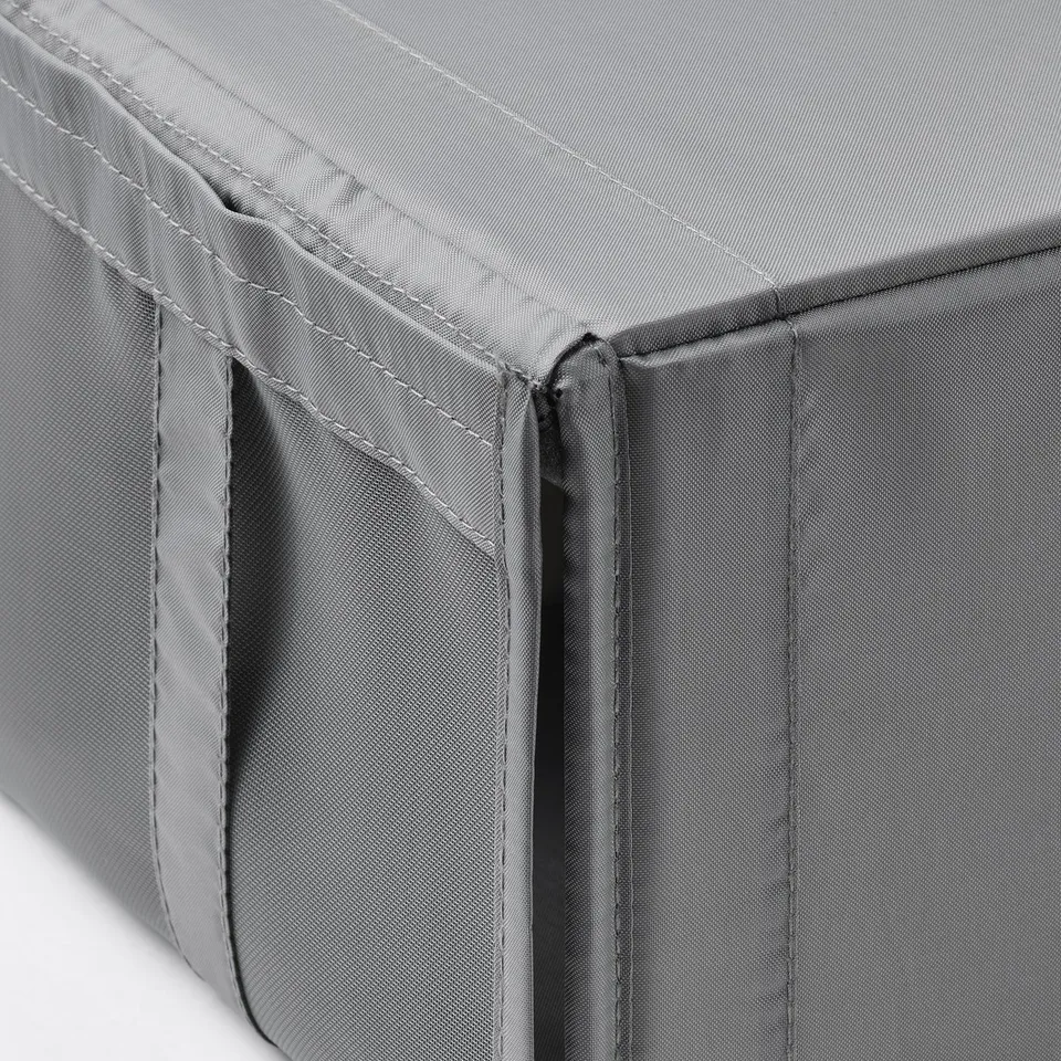 Grey fabric box with mesh, zip, and hook & loop fastener. Quality stitching visible.
