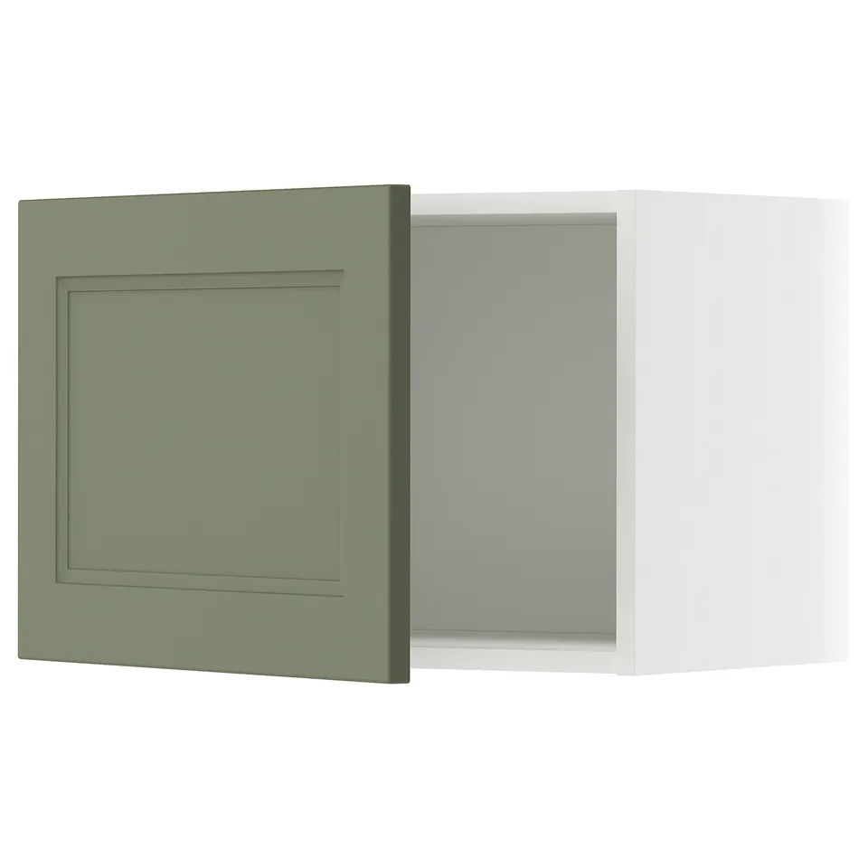 Ikea METOD kitchen cabinet in grey-green with square door and hinged side, set against a white background.