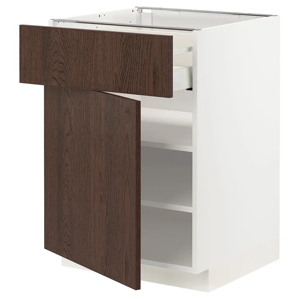 Modern white kitchen cabinet with dark brown wood drawers, sleek and minimalist design.