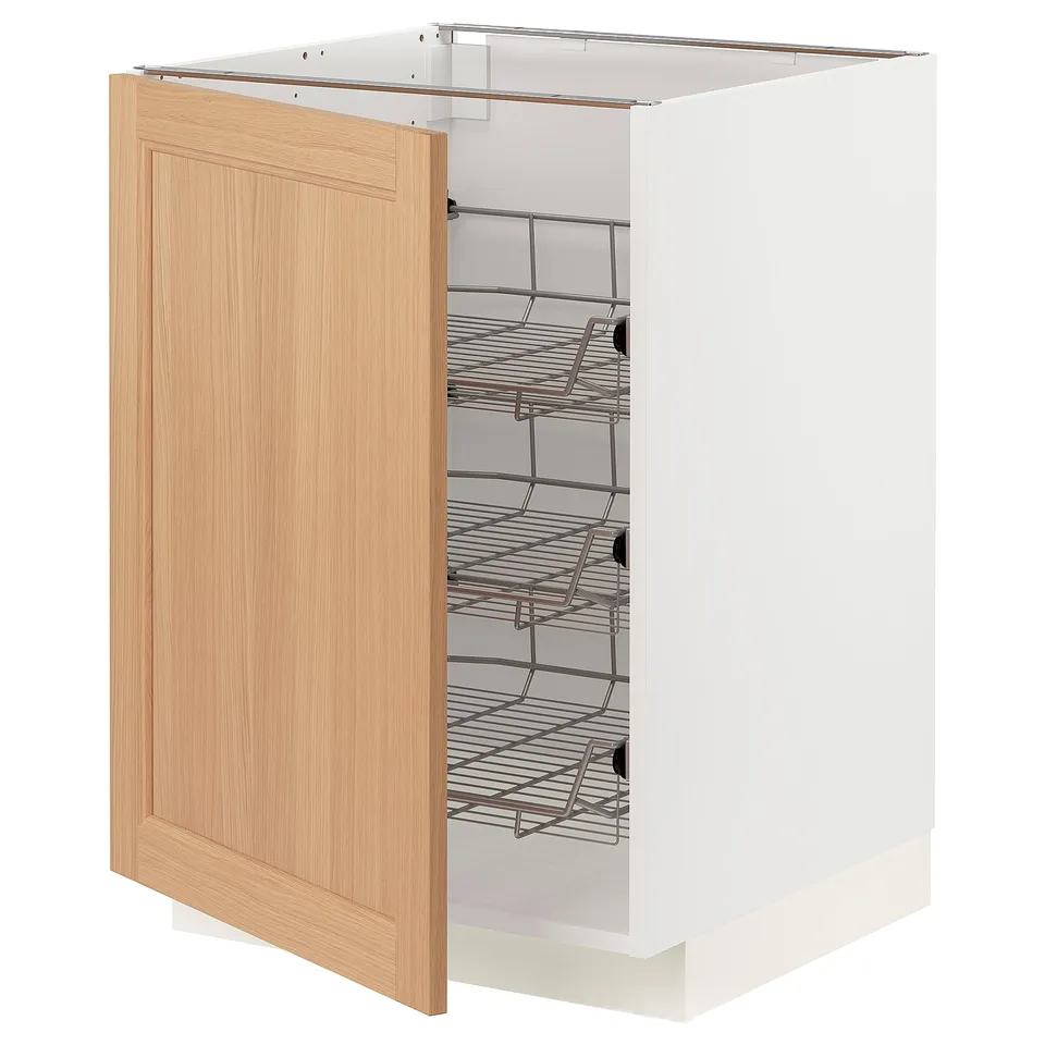 METOD kitchen cabinet with light oak door and metal shelves.