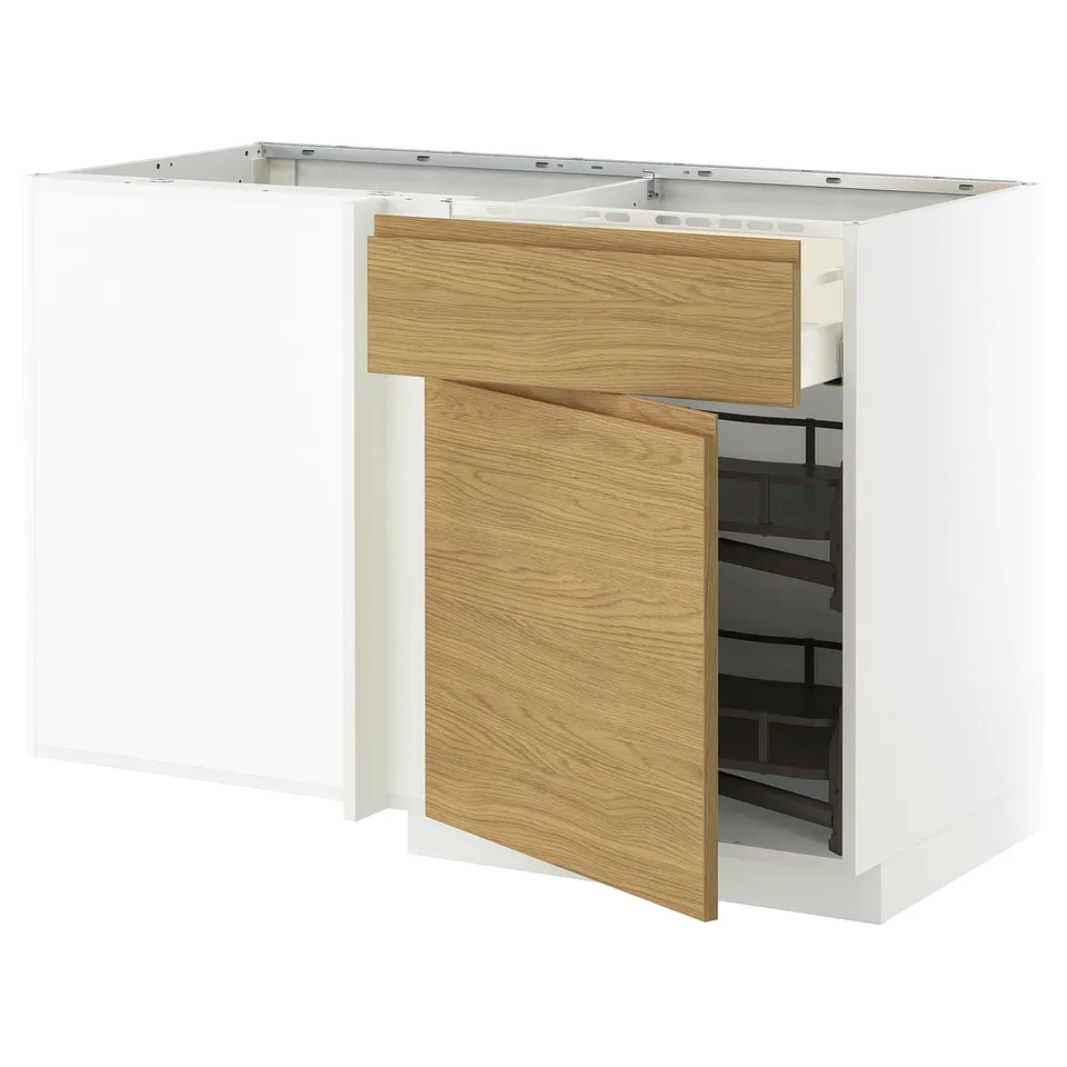 Modern kitchen cabinet in white and oak, open drawer and shelves.
