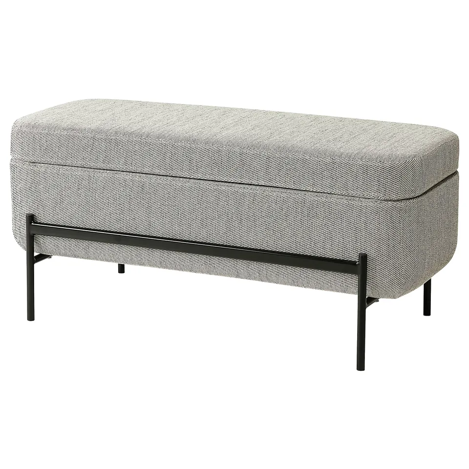 A VALTORP storage bench in light grey fabric with a modern design, supported by black metal legs.