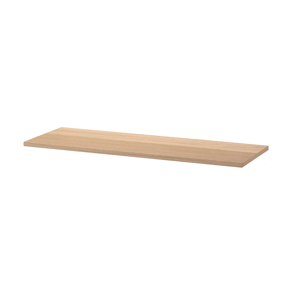 Simple wooden shelf, natural oak, rectangular shape, flat surface.