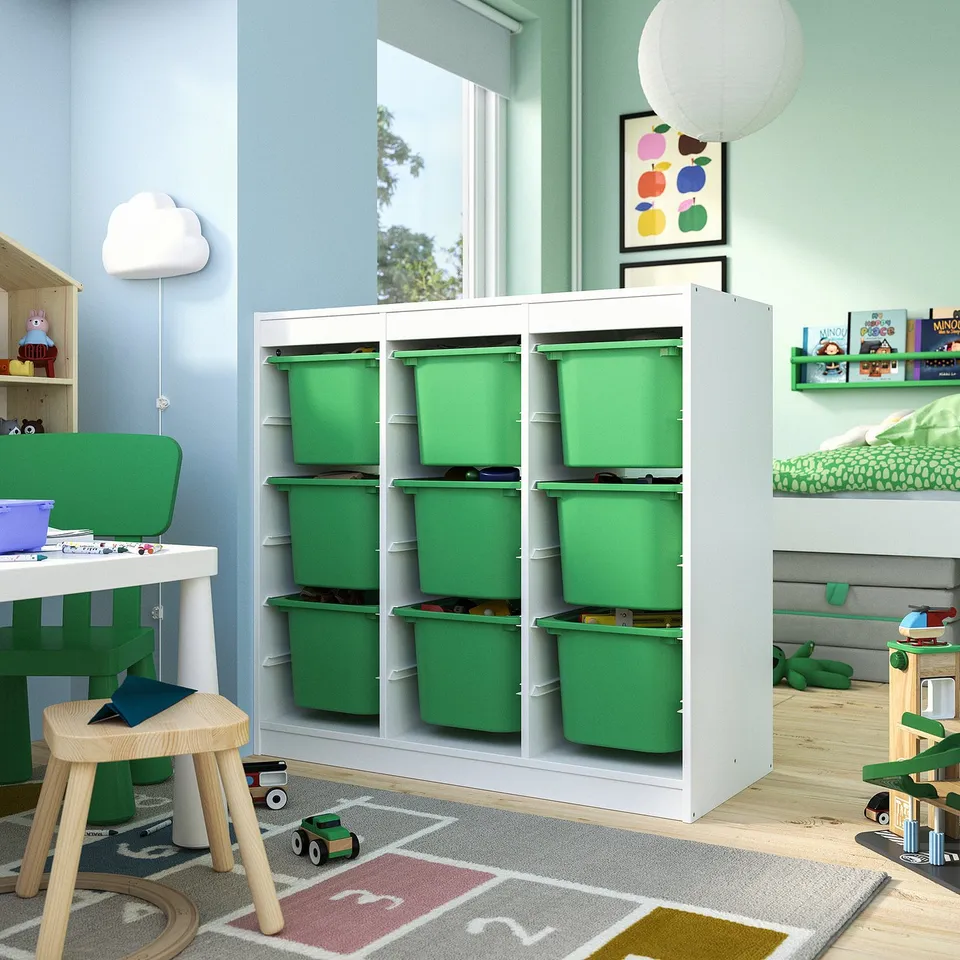 TROFAST Storage combination with boxes, room divider/white bright green, 99x44x95 cm