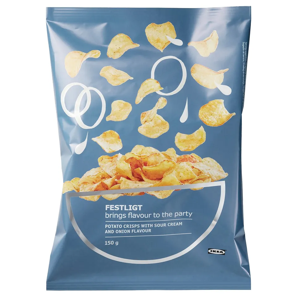IKEA festlig potato crisps package with sour cream onion flavour.