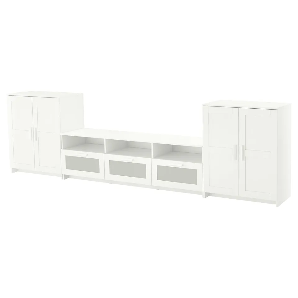 BRIMNES white tv unit with cabinets and drawers; modern, rectangular, sleek design.