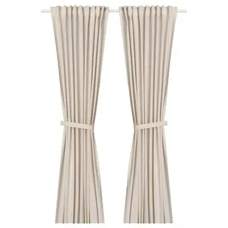 LENDA curtains with tie-backs, 1 pair, off-white/with heading tape, 140x300 cm