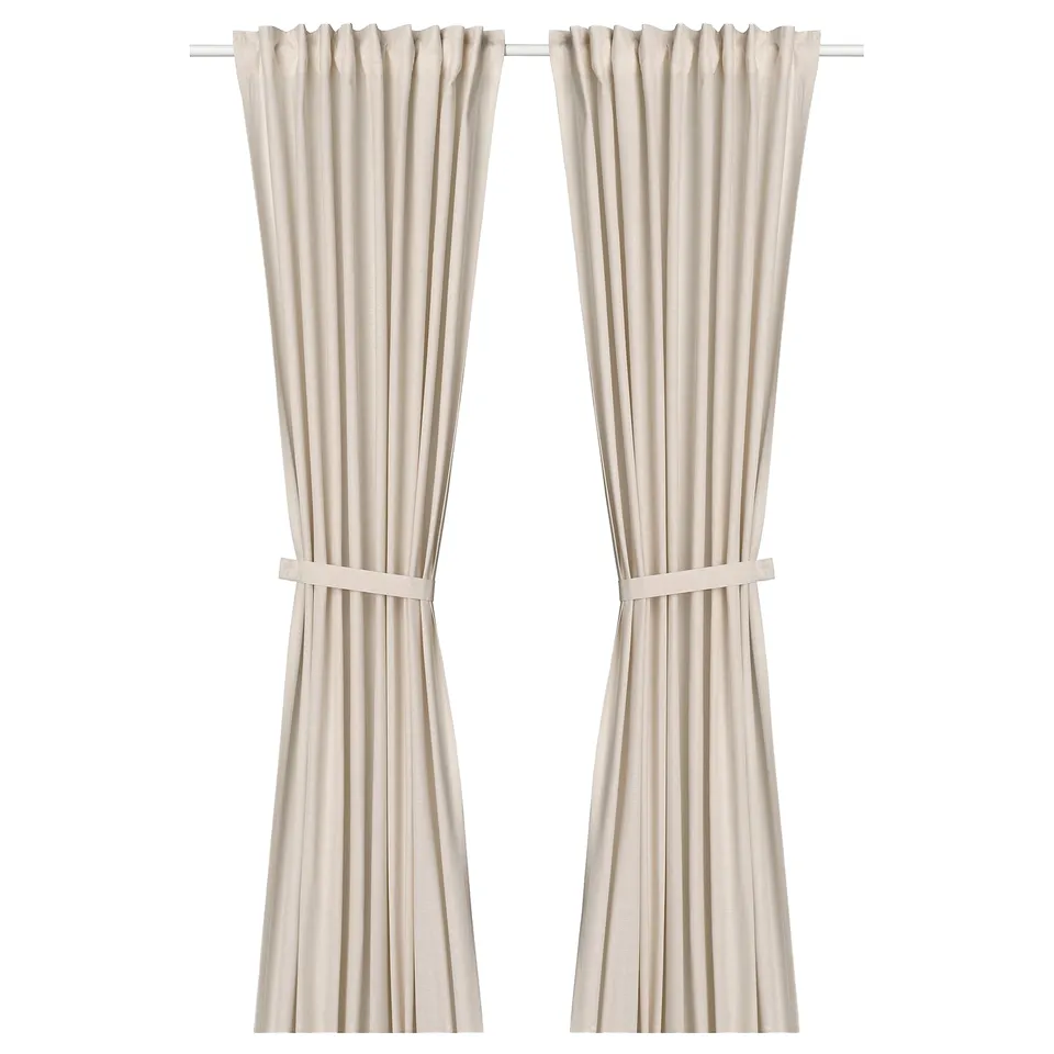 Off-white LENDA curtains, 100% cotton, tied back, hang straight.
