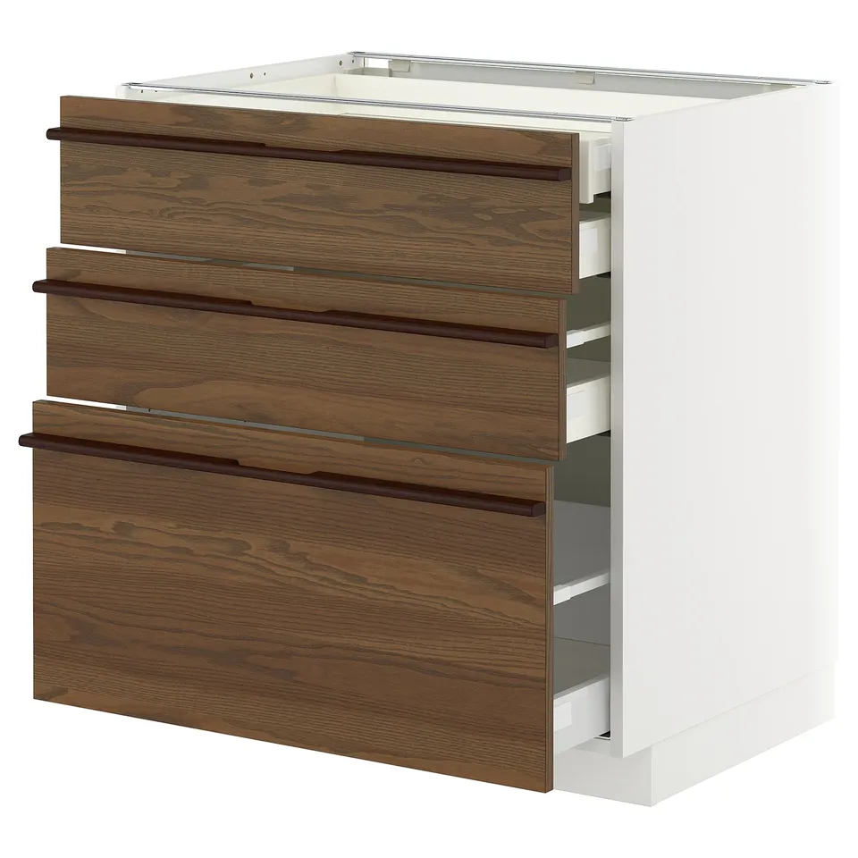Modern kitchen unit: METOD with dark brown wooden drawers and sleek handles, offering ample storage.