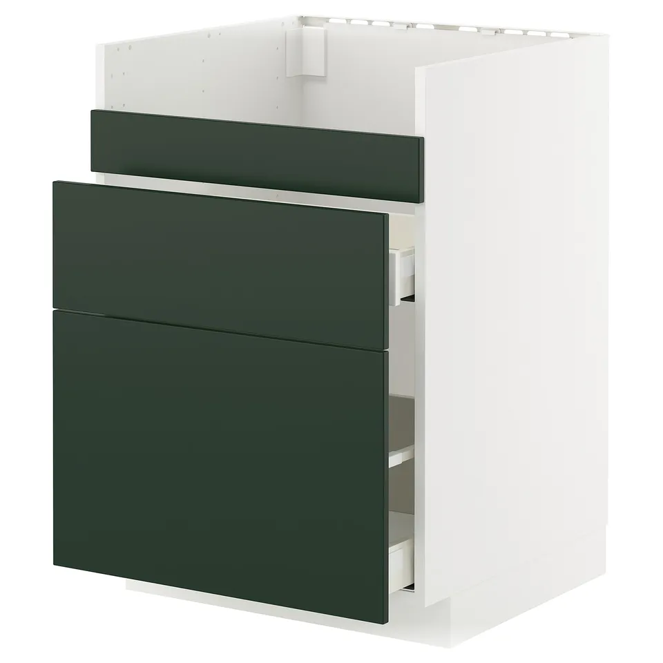 Modern kitchen cabinet, METOD model. White with green drawers. Sleek, rectangular design with smooth surfaces.