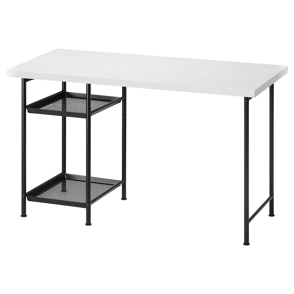 A modern, white rectangular desk with two open black metal shelves underneath, supported by black metal legs.