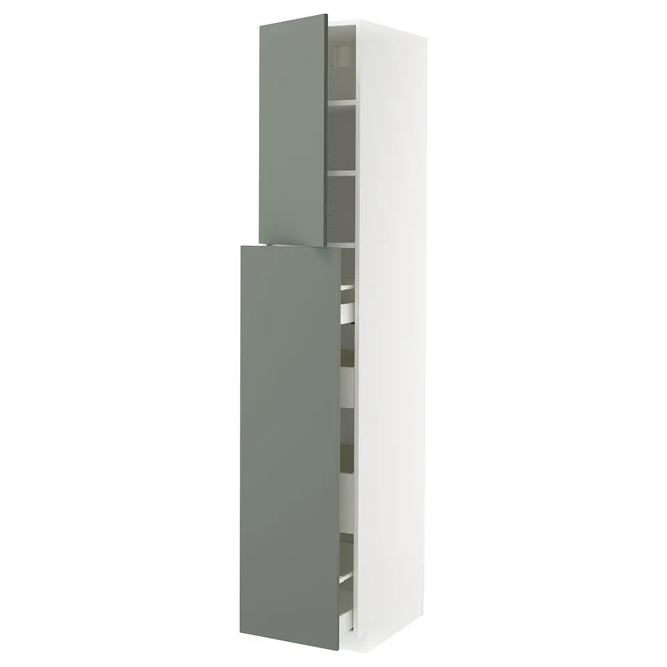 Modern METOD kitchen cabinet in grey-green with adjustable shelves. Tall, rectangular, and sleek design.