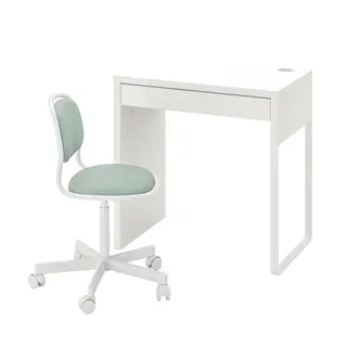 MICKE/ÖRFJÄLL desk and chair, white/light green, 73x50 cm