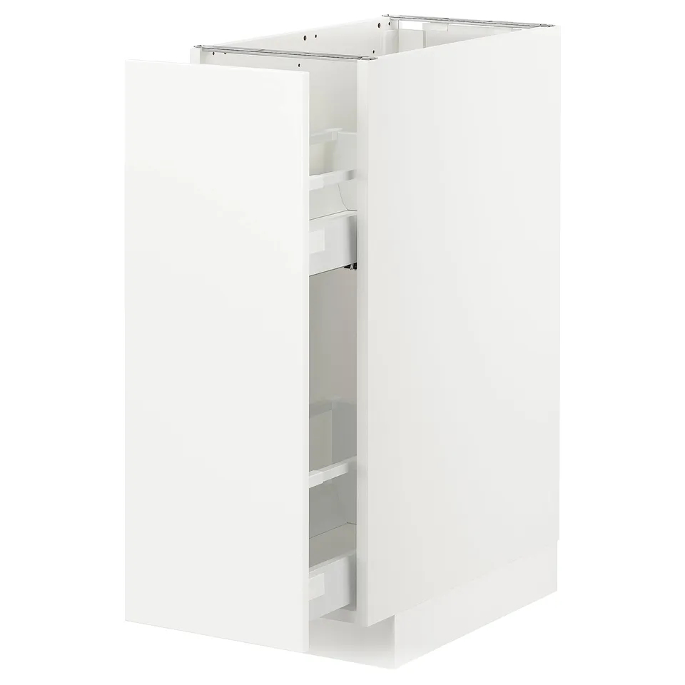 This image a white ikea METOD kitchen cabinet with pull-out shelves. The sleek, rectangular design includes a modern drawer system for easy access.