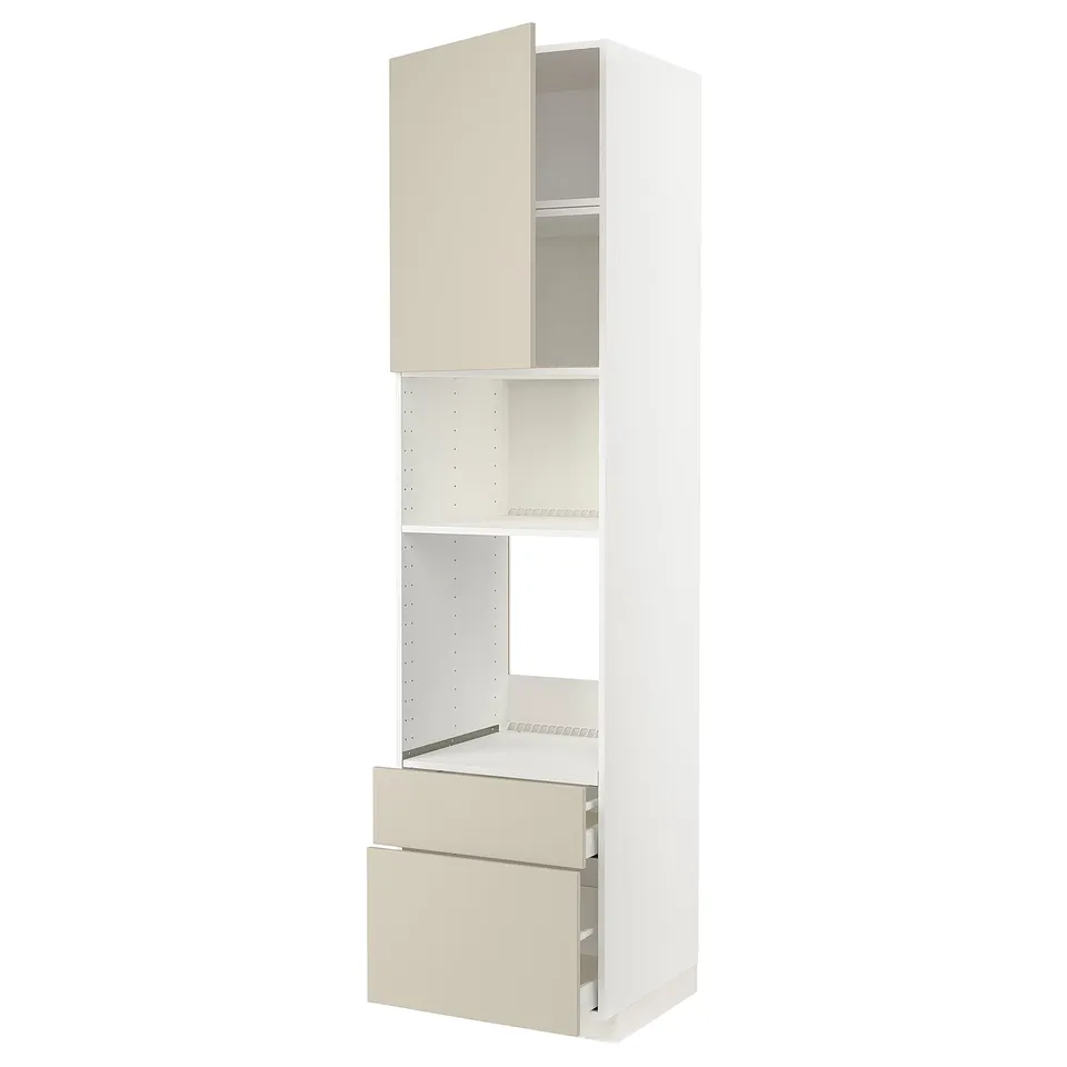 White and beige METOD kitchen unit with drawers and shelves.
