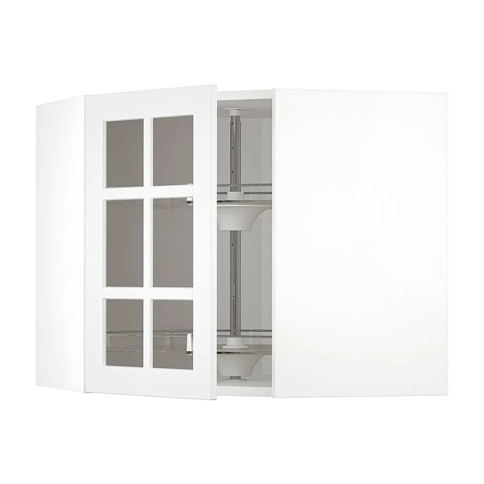 METOD white kitchen unit with glass doors, corner carousel, adjustable shelf.