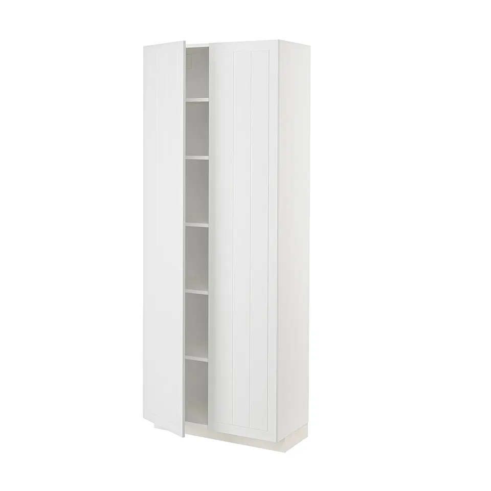 A white METOD high cabinet with adjustable shelves and a door mounted on the right.