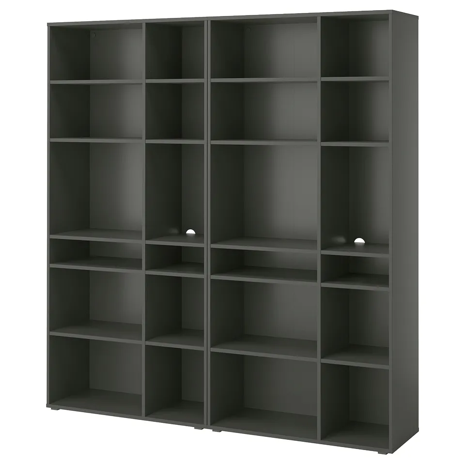 Grey VIHALS bookshelf, modern, modular with open shelves.