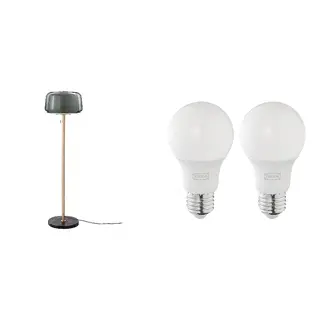 EVEDAL/SOLHETTA set: floor lamp + LED bulb E27 806 lumen, marble/grey + dimmable/globe opal white, Height 145 cm