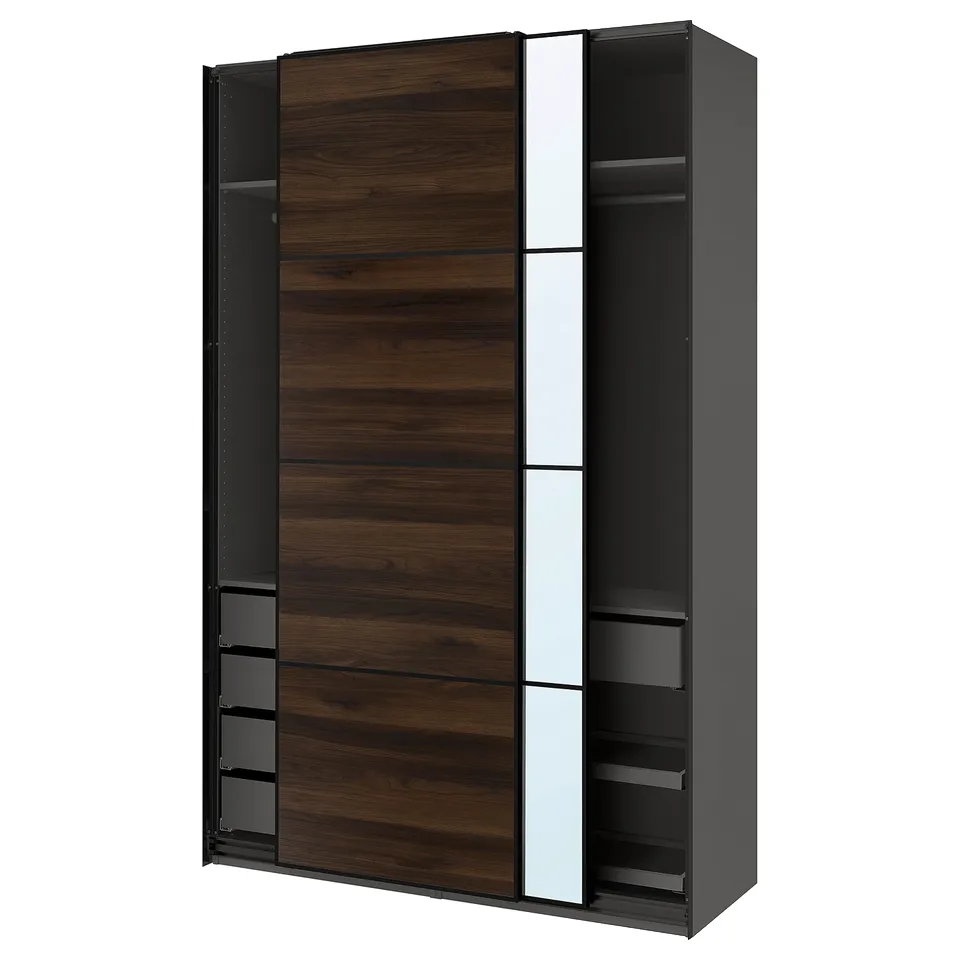 PAX / MEHAMN/AULI Wardrobe with sliding doors, dark grey black/dark brown oak effect mirror glass, 150x66x236 cm
