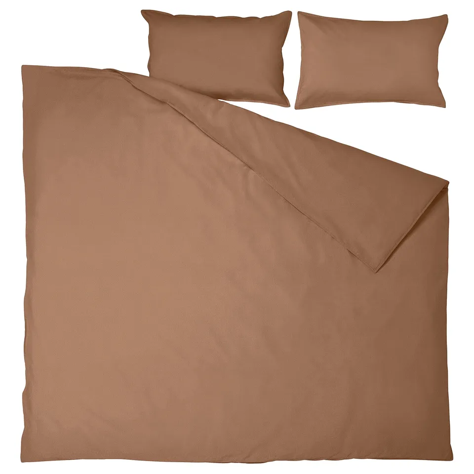 An ÄNGSLILJA bedding set featuring a brown duvet cover and pillowcases made of soft, natural, pre-washed cotton.