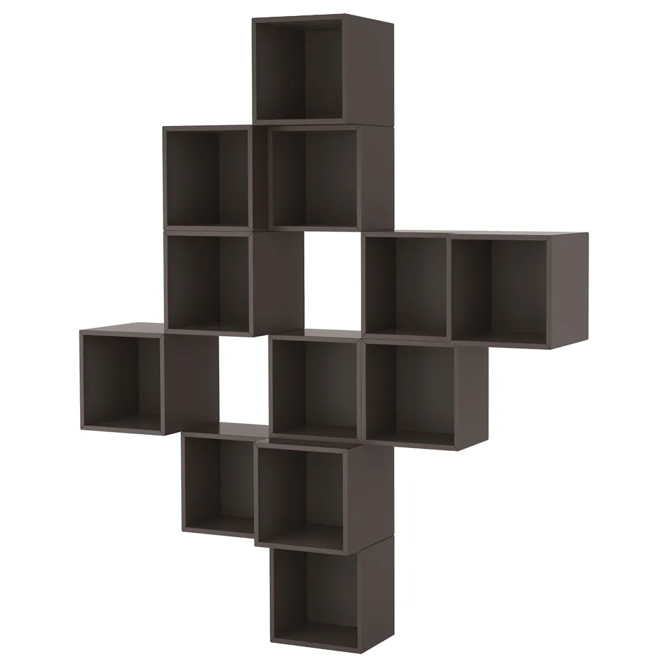 Displays dark-colored, wall-mounted, cube-shaped storage units with a minimalist design, arranged asymmetrically.