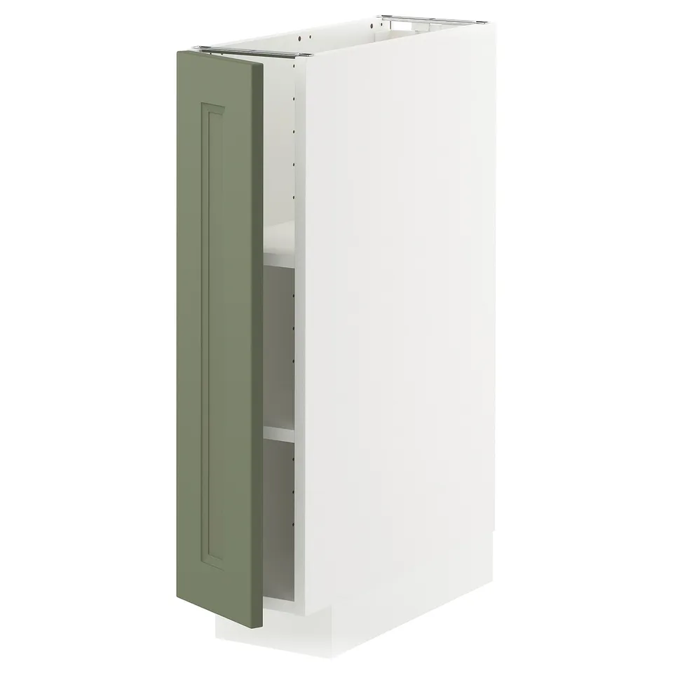 This image a white METOD cabinet with a green axstad door; its rectangular with a modern design and includes a shelf.