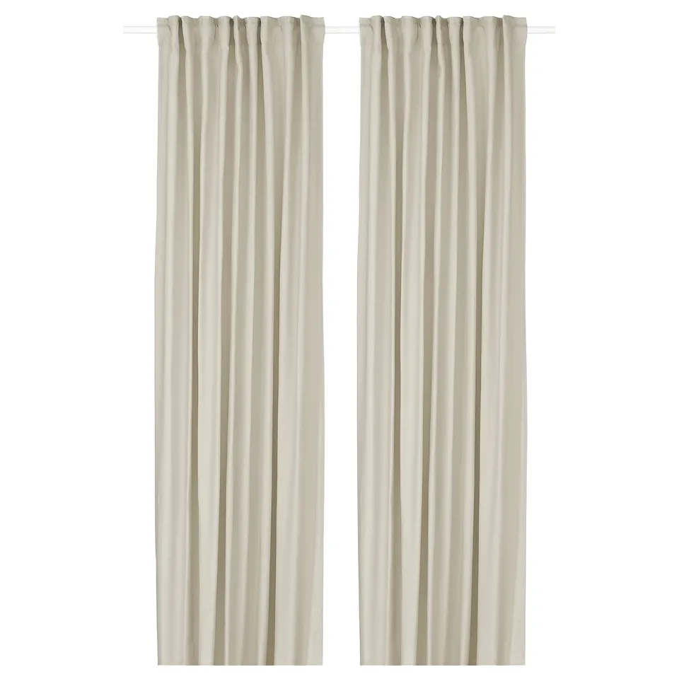 Pair of beige GINSTMOTT curtains, simple, elegant, with rod pocket, sheer fabric.