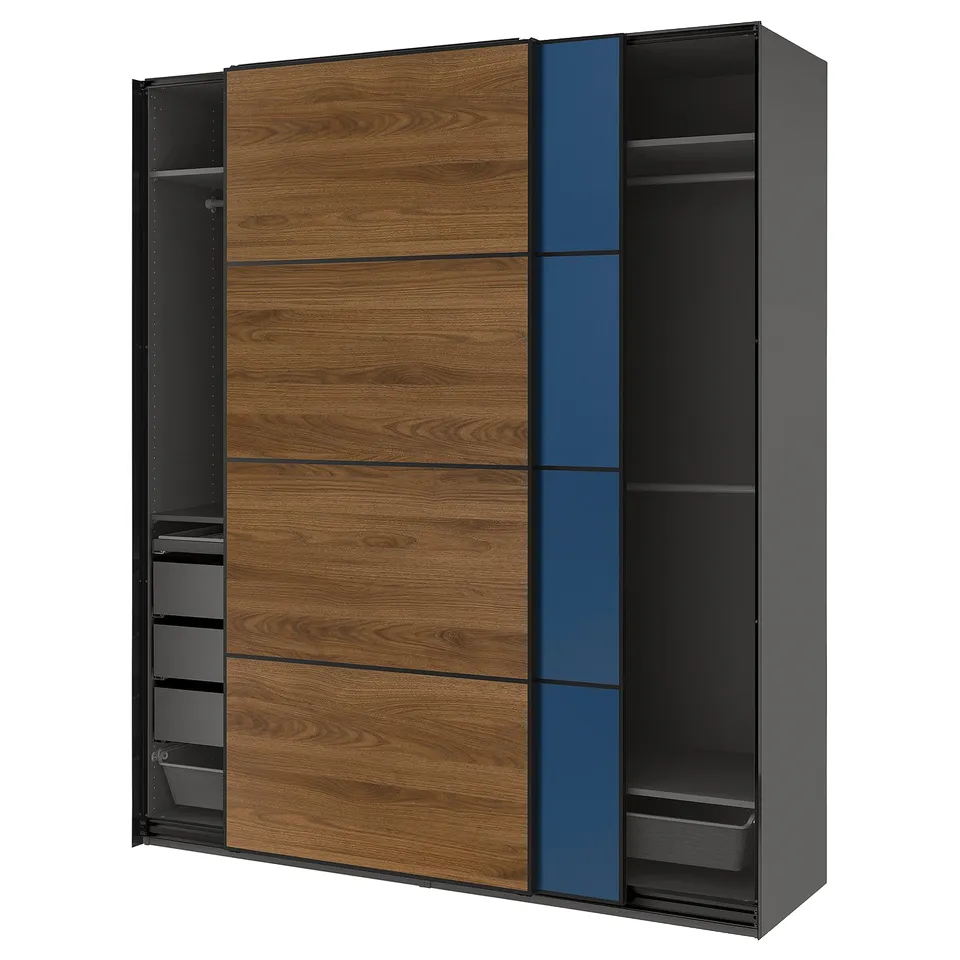 A modern PAX wardrobe with a wood finish, sliding blue doors, and open shelves.