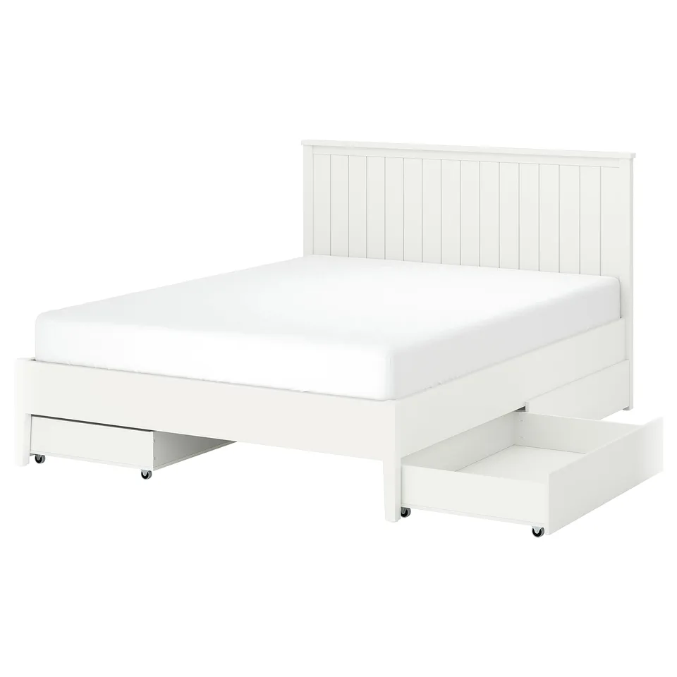 GULLABERG white bed with sliding storage drawers, wooden frame, clean design.