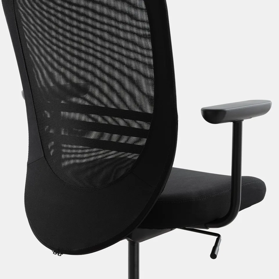 Black ergonomic office chair with mesh back, armrest, and supportive seat; ideal for comfort and ventilation.