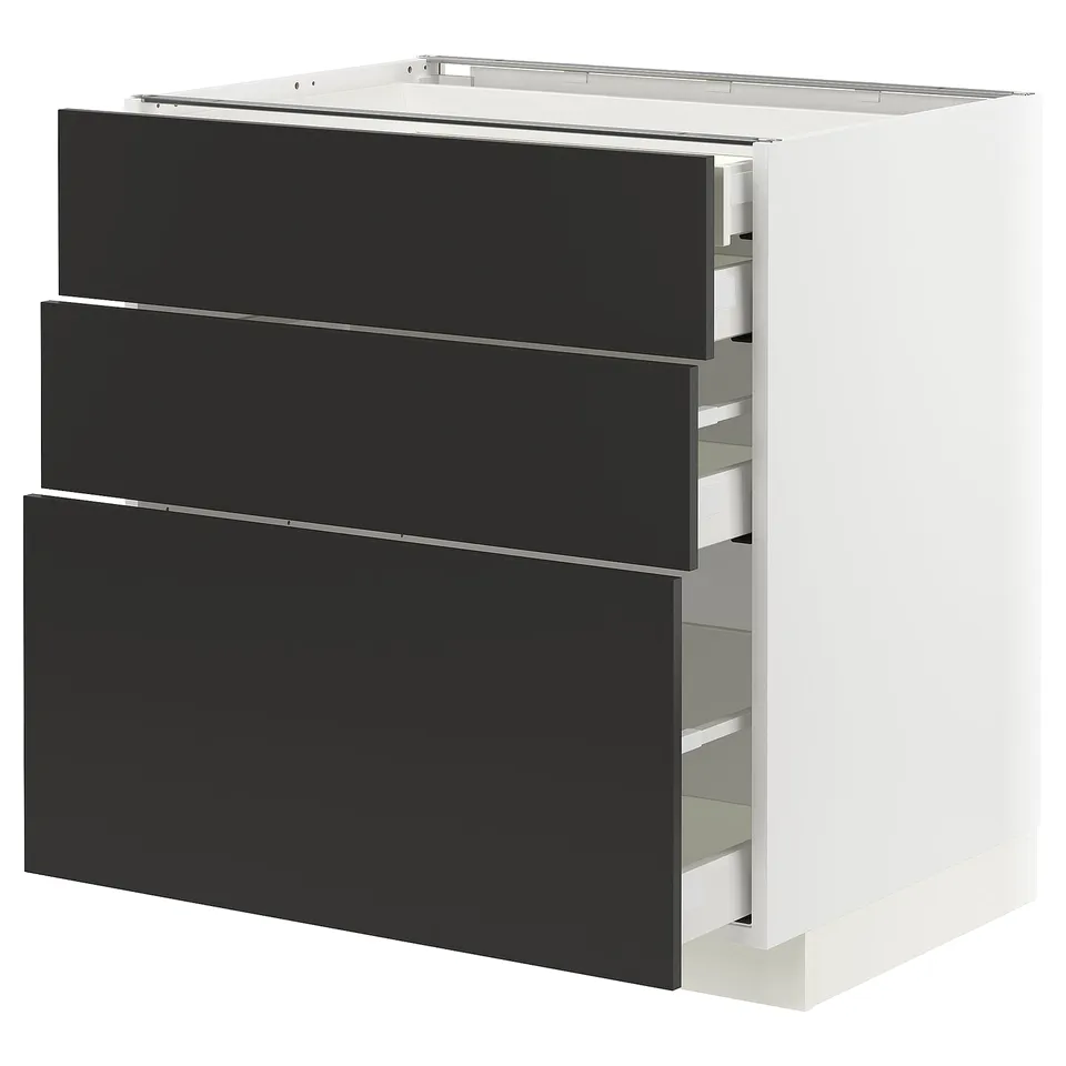 METOD kitchen cabinet with 3 black drawers, modern design.