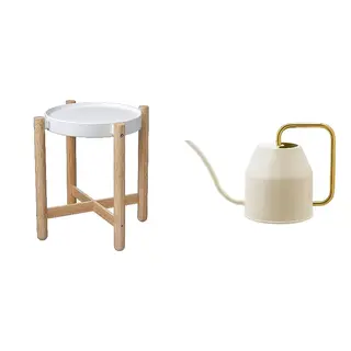 SATSUMAS/VATTENKRASSE set: plant stand + watering can, bamboo/white + ivory/gold-colour
