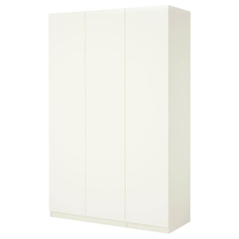 White PAX wardrobe, modern minimalist. Made of particleboard, smooth finish. Standalone, rectangular shape with 3 doors.