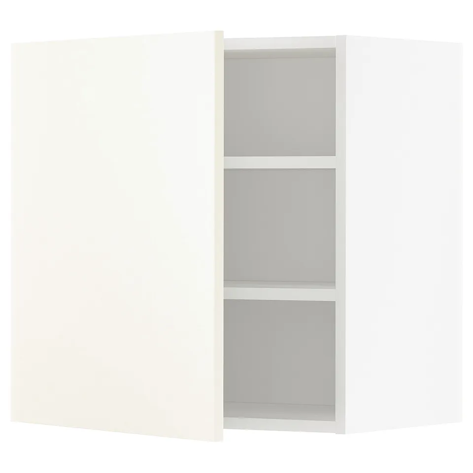 A white METOD kitchen cabinet with three shelves, one door open revealing interior.