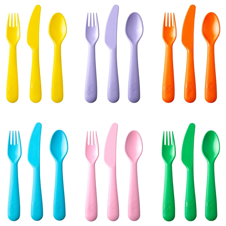 KALAS colourful kids cutlery in yellow, purple, orange, blue, pink, green; plastic fork, knife, spoon set with ergonomic handles.