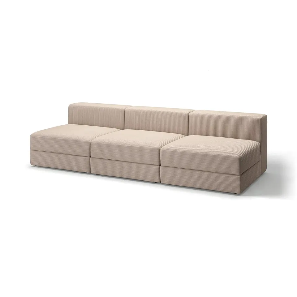 Modern beige modular sofa, textured, rectangular, soft cushions, practical storage.