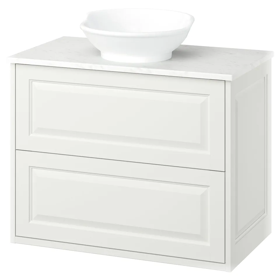 White TÄNNFORSEN vanity, marble top, round bowl sink, classic design.