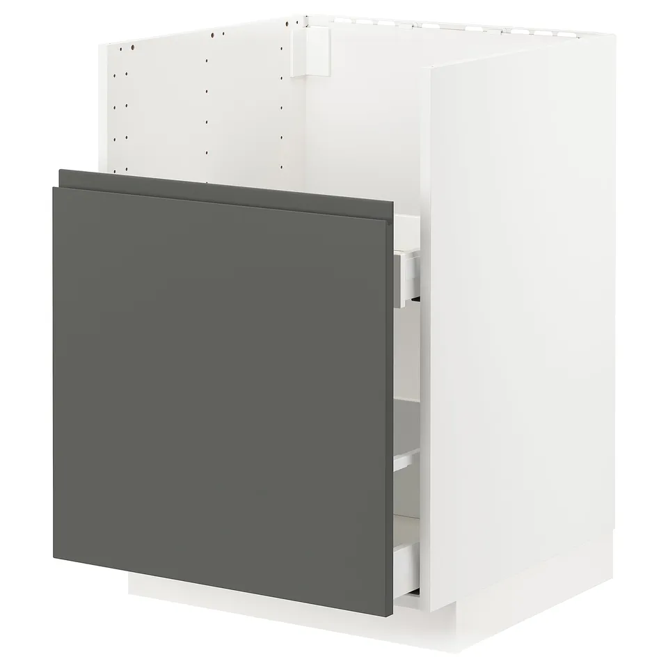 Modern grey kitchen cabinet, METOD, sleek design, dark grey, modern, smooth drawer, white interior.