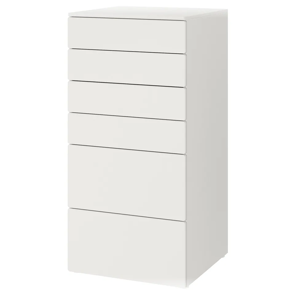 White, modern 6-drawer chest for baby clothes, with smooth design.