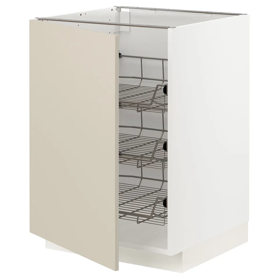 White METOD kitchen cabinet with beige doors and wire shelves.