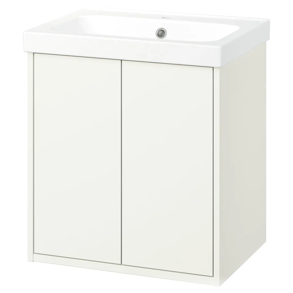 HAVBÄCK vanity in white, modern & sleek design, wall-mounted with doors, ceramic sink on top.
