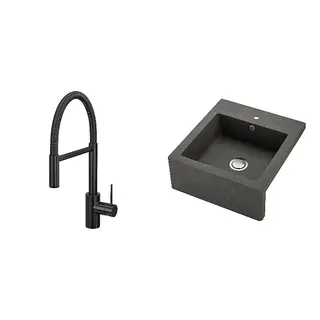 SALLSJÖN/TALLSJÖN set: sink bowl w visible front + kitchen mixer tap pull down w spray, black + dark grey/stone effect, Height 480 mm
