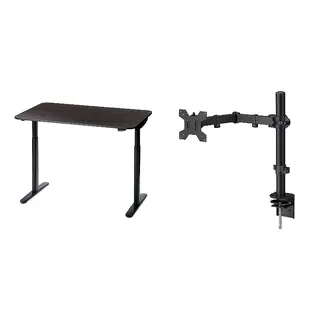 BOLLSIDAN/STUBBERGET set: desk sit/stand + bracket for monitor, walnut effect/black + black, Width 120 x Depth 70 cm