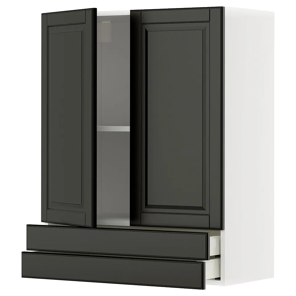 Modern kitchen storage: METOD cabinet in black with two doors, one glass, and two drawers.