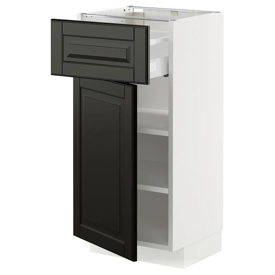 Modern white kitchen cabinet with black drawer and door, sleek design.
