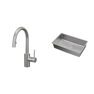 SALLSJÖN/VRESJÖN set: kitchen mixer tap pull out + inset sink, 1 bowl, stainless steel colour + stainless steel, Height 370 mm